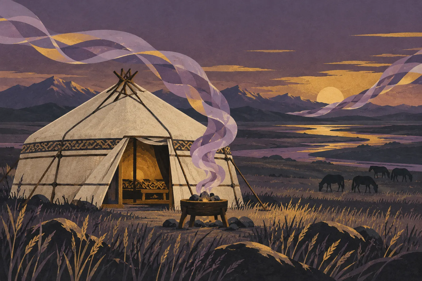 Painted scene: smoke rising from a brazier beside a felt tent on the steppe at dusk, horses grazing