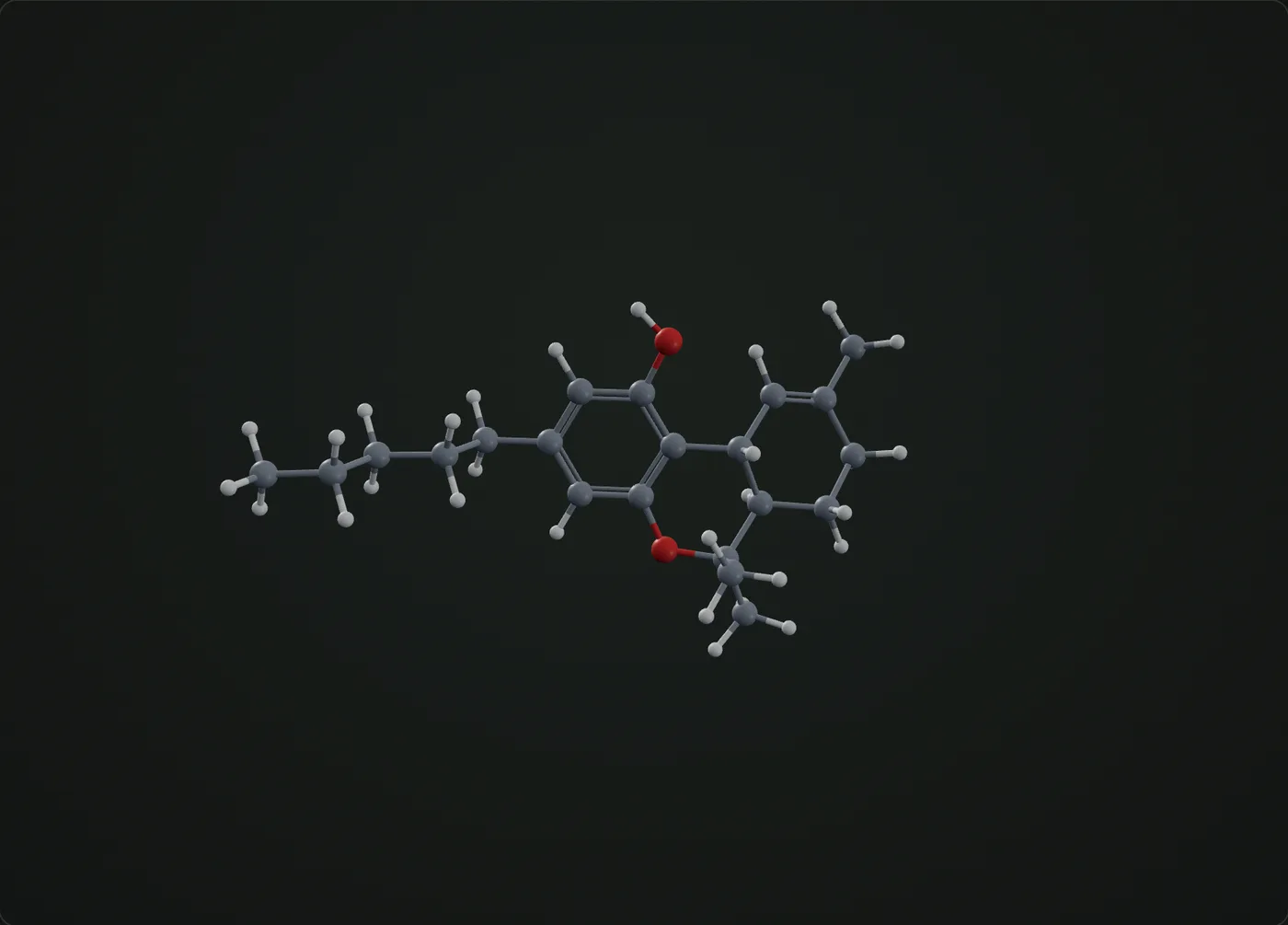 A THC molecule in 3D, ball and stick, with oxygen atoms in red