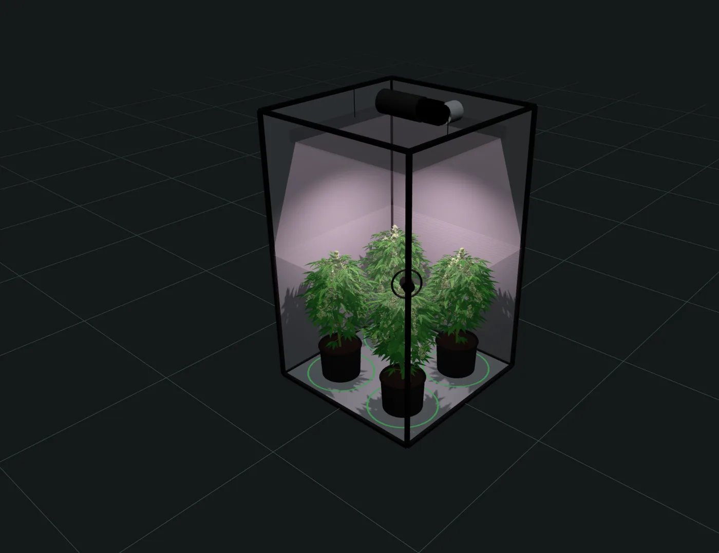 A 4 × 4 grow tent in 3D with four flowering plants under an LED light