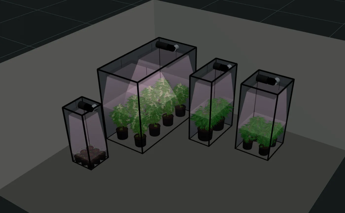 A two-car garage in 3D holding four lit grow tents